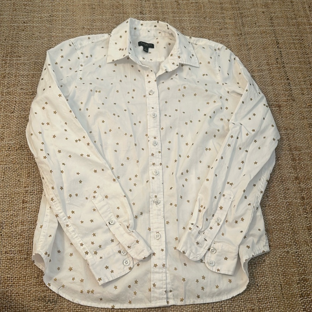 Talbots Button Down Gold Star Print Shirt Petite